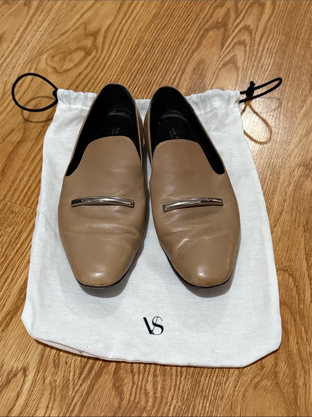 Via Spiga Taupe Leather Slip-On Loafers with Silver Accent